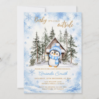 Invitation Fête de bébé Flocon de neige bleu hiver Pingouin