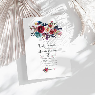Invitation Fête de Bébé Floral Bohème Bourguignon Rustique