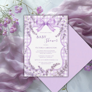 Invitation Fête de Bébé Floral Fantaisiste Gingham Blanc Viol