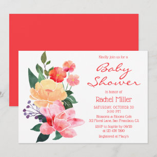 Invitation Fête de bébé florale aquarelle rouge corail