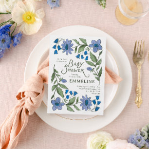 Invitation Fête de bébé florale champêtre bleue et verte
