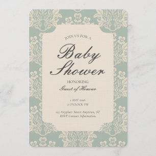Invitation Fête de bébé florale damassée vintage cyan beige