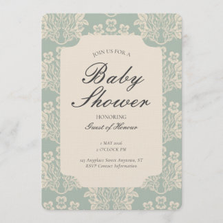 Invitation Fête de bébé florale damassée vintage cyan beige
