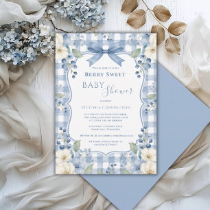 Invitation Fête de Bébé Florale Douce Baie à Carreaux Bleus B