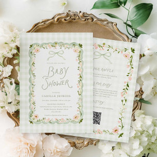 Invitation Fête de Bébé Florale en Vichy Vert Tout-en-Un
