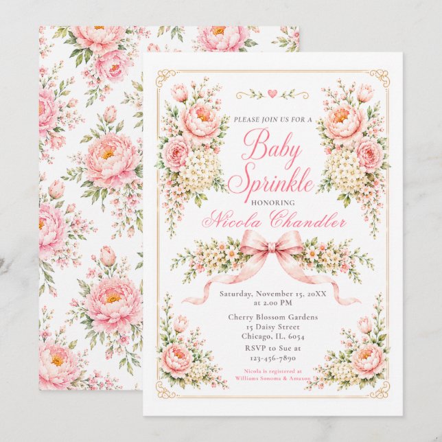 Invitation Fête de bébé florale et ruban (Devant / Derrière)