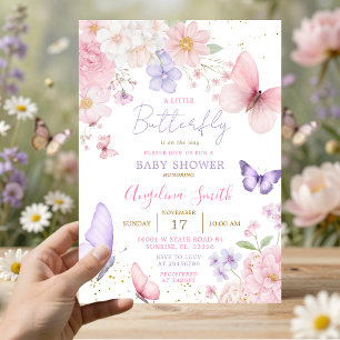Invitation Fête de bébé florale Papillon Rose et Violet