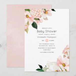 Invitation Fête de bébé florale rose pastel aquarelle
