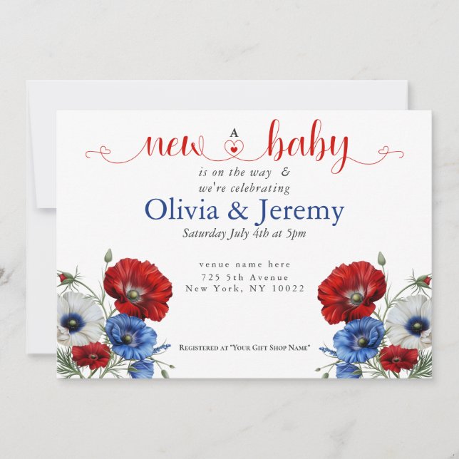 Invitation Fête de Bébé Florale Rouge Blanc et Bleu (Devant)
