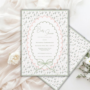 Invitation Fête de bébé florale vintage rose et sauge