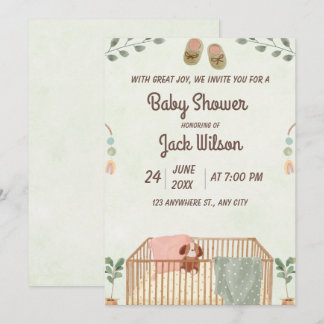 Invitation Fête de bébé garçon aquarelle mignonne verte et ma