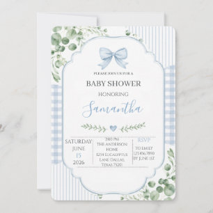 Invitation Fête de bébé garçon au ruban bleu et gingham
