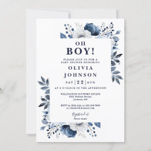 Invitation Fête de bébé garçon bleu floral Oh Boy Navy Blue