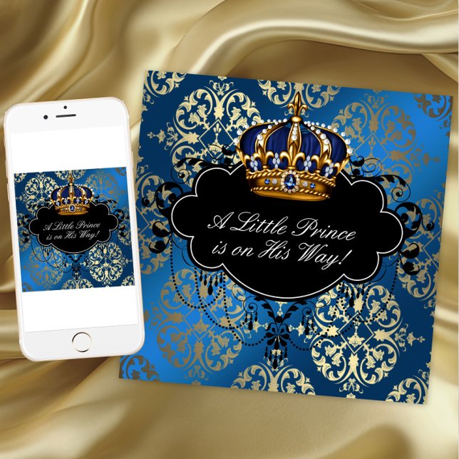 Invitation Fête de bébé garçon bleu or de la Marine Royale (Blue gold prince baby shower invitation. Add your text to front and back. Download and printed.)