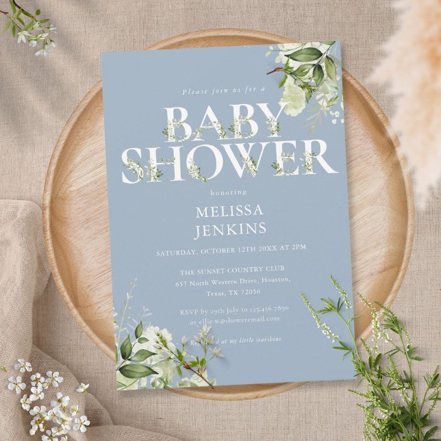 Invitation Fête de bébé garçon bleu poussiéreux feuillage ver (Créateur téléchargé)