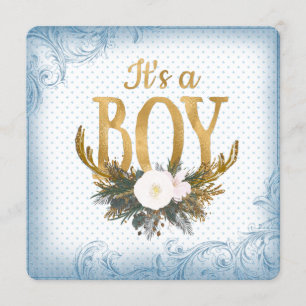 Invitation Fête de bébé garçon bois de cerf Bleu et Or