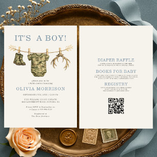Invitation Fête de bébé garçon Camouflage Chasse Tout en Un