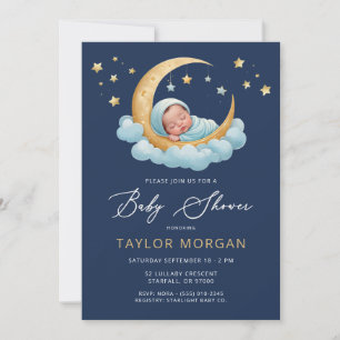 Invitation Fête de bébé garçon Ciel de Lune et Étoiles Navy