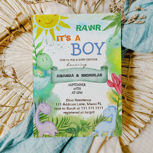 Invitation Fête de Bébé Garçon Dinosaures Mignons