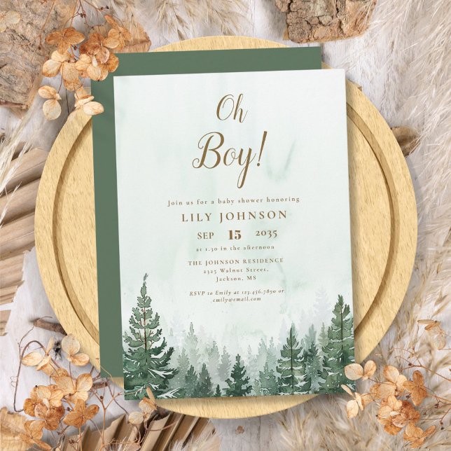 Invitation Fête de Bébé Garçon Forêt de Pins Oh Boy (Oh Boy Pine Tree Forest Baby Shower Invitation)
