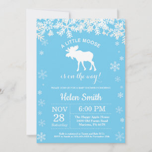 Invitation Fête de bébé garçon Hiver Bleu Élan Flocon de neig