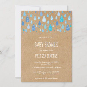 Invitation Fête de bébé garçon kraft rustique avec gouttes de