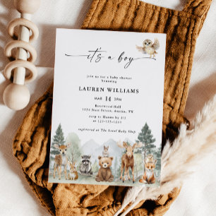 Invitation Fête de Bébé Garçon Moderne Animaux de la Forêt