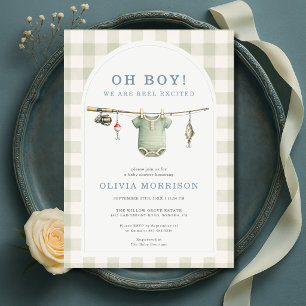 Invitation Fête de Bébé Garçon Pêche Gingham Vert