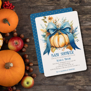 Invitation Fête de bébé garçon ruban bleu citrouille automne