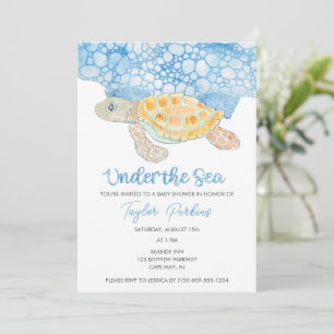 Invitation Fête de bébé garçon tortue de mer peinte sous la m