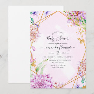 Invitation Fête de bébé géométrique florale violette et or