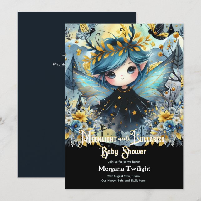 Invitation Fête de bébé gothique Mignonne Fille Clair de lune (Devant / Derrière)