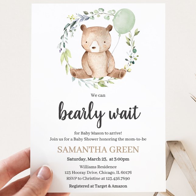 Invitation Fête de bébé Greenery Bear (Créateur téléchargé)