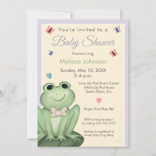 Invitation Fête de Bébé Grenouille Crème Lavande Fantaisiste