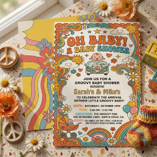 Invitation Fête de Bébé Groovy Rétro Bus Fleur Hippie 70s