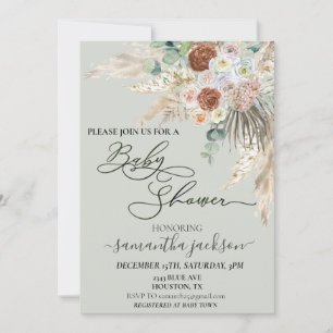 Invitation Fête de Bébé Herbe de Pampas Bohème Aquarelle