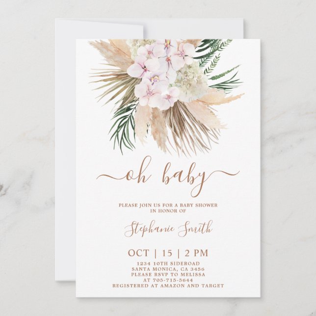 Invitation Fête de bébé Herbe des Pampas fille (Devant)