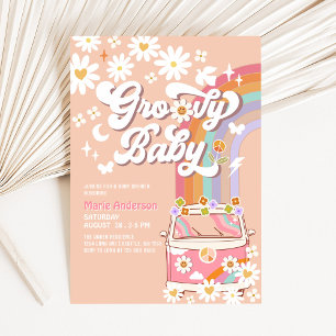 Invitation Fête de Bébé Hippie Groovy Fourgon Arc-en-Ciel Mar