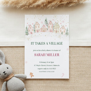 Invitation Fête de Bébé Hivernale dans un Village Enneigé