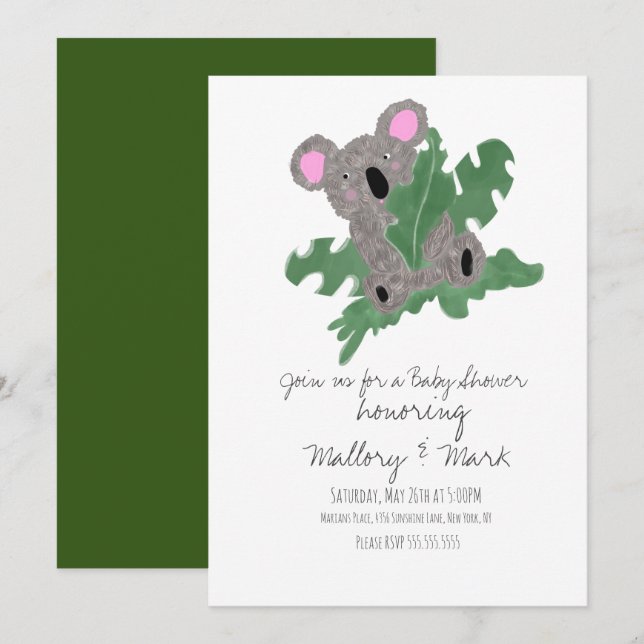 Invitation Fête de Bébé Koala Dessinée à la Main (Devant / Derrière)