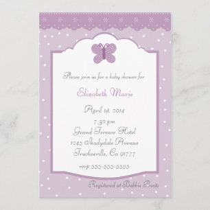 Invitation Fête de Bébé Lavande à pois et papillon