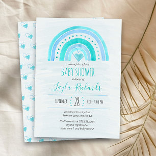 Invitation Fête de bébé Lavis Aquarelle Cœur Arc-en-ciel Bleu
