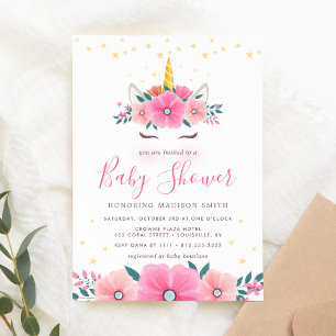 Invitation Fête de Bébé Licorne au Visage Floral à l'Aquarell