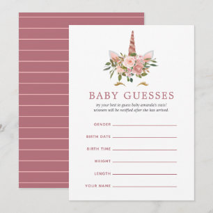 Invitation Fête de Bébé Licorne Rose et Or Rose Baby Guesses