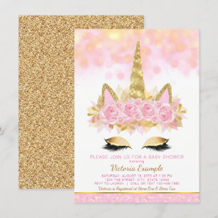 Invitation Fête de bébé licorne Rose Or Visage de licorne