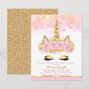 Invitation Fête de bébé licorne Rose Or Visage de licorne