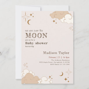 Invitation Fête de Bébé Lune Croissante Mystique à l'Aquarell