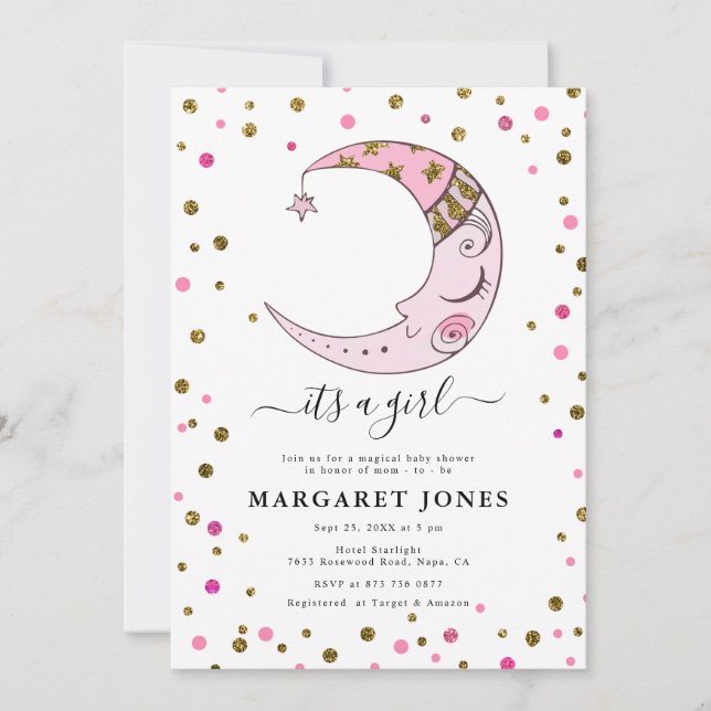 Invitation Fête de bébé lune en paillettes rose et or  (Devant)