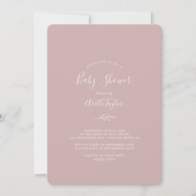 Invitation Fête de bébé Minimal Leaf | Dusty Rose (Devant)
