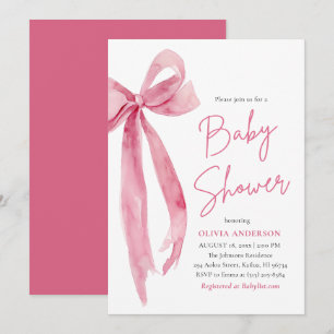 Invitation Fête de Bébé Moderne Rose Pâle Ruban